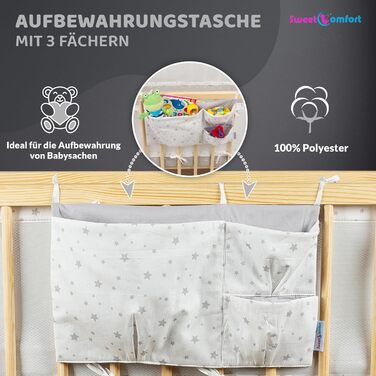 Бортик для дитячого ліжечка SweetComfort Дихаючий, з кишенею для зберігання - Підходить для ліжечок 60x120 та 70x140 см - Зоряно-білий - Регульовані застібки-липучки - Для 3- та 4-сторонніх ліжечок