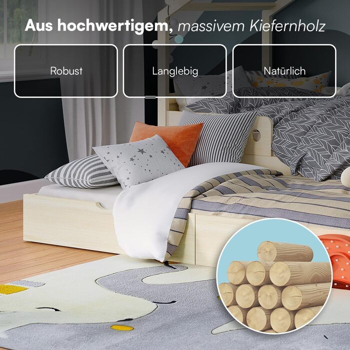 Дитяче ліжко Bellabino Bela 90x200 см Розсувне ліжко-будиночок з поручнями та рейковою основою Дитяче ліжко з гостьовим ліжком для хлопчиків та дівчаток Дерев&39яне ліжко-будиночок Монтессорі з натуральним покриттям та гостьовим ліжком Матрац не входить д