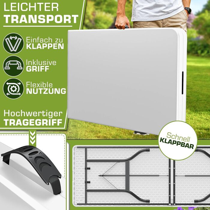 Складаний садовий стіл 180x75 см Пластик Буфетний стіл з ручкою для перенесення Складаний стіл для саду, патіо та балкону Кемпінговий стіл для 8 осіб 180 x 75 см Білий