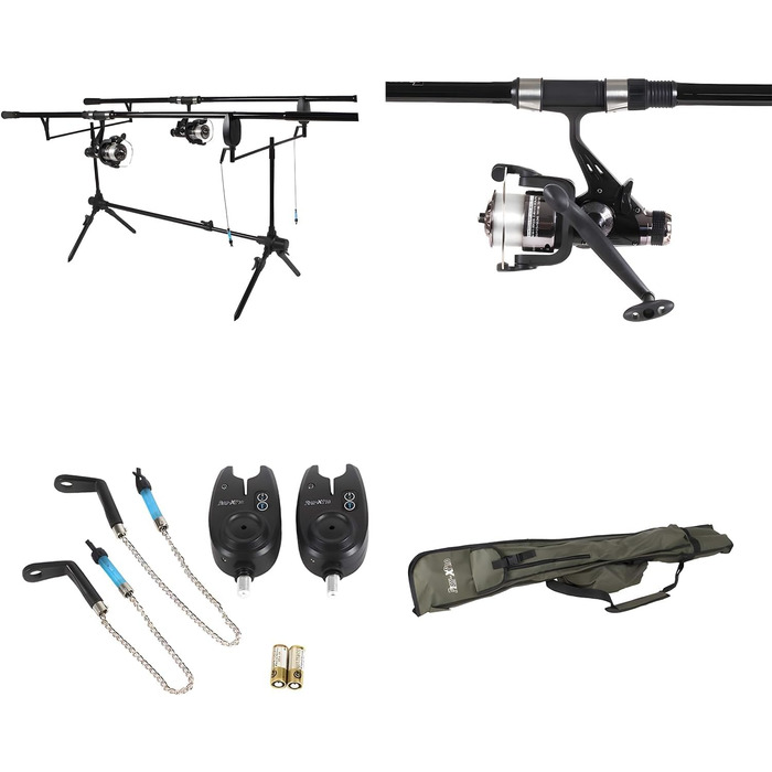 Набір для лову коропа - Повний комплект рибальського спорядження для коропових рибалок - Вудка, котушка, сигналізатор клювання, свінгер та багато іншого - Високоякісний набір для початківців та експертів - У комплекті стандартний кейс на 2 вудки