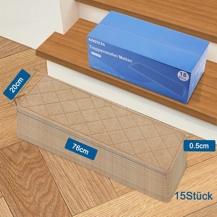 Килимові сходинки, нековзні, 20x76 см (15 шт.), килимова доріжка для сходів, багаторазовий клей для чистих, гладких сходів, захисний килимок для сходів для дітей, бежевий
