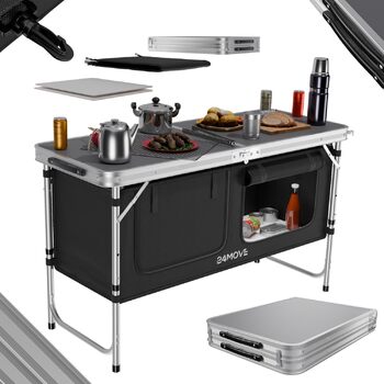 Складана кемпінгова кухня, алюмінієва шафа для кемпінгу з регульованою висотою, дорожня кухня з робочою поверхнею та відділеннями для зберігання, для кемпінгу на свіжому повітрі, включаючи сумку для перенесення 120x47x70, чорна, Praia, 24MOVE