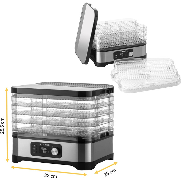 Дегідратор KLAMER 400 Вт, 24-годинний таймер і регулятор температури 35-70C, 5 вставок, що регулюються по висоті, сушарка з облицюванням з нержавіючої сталі, без BPA