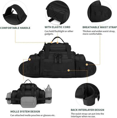 Багатофункціональна поясна сумка Bumbag Military for Sport Outdoor Running Camping Hiking Trekking Black 40*25*18cm, 3Way Belt Bag Waterproof Fanny Pack Tactical Crossbody
