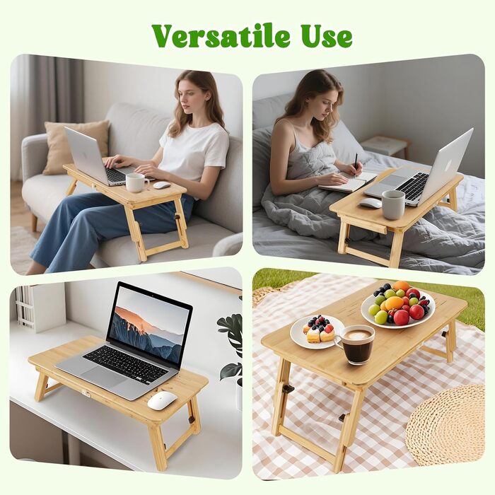 Регульований бамбуковий стіл для ноутбука, складний, для ліжка, дивана та підлоги. Портативний стіл на коліна з нахиленою поверхнею та шухлядою для письма, читання, сніданку, малювання, сучасний дизайн.