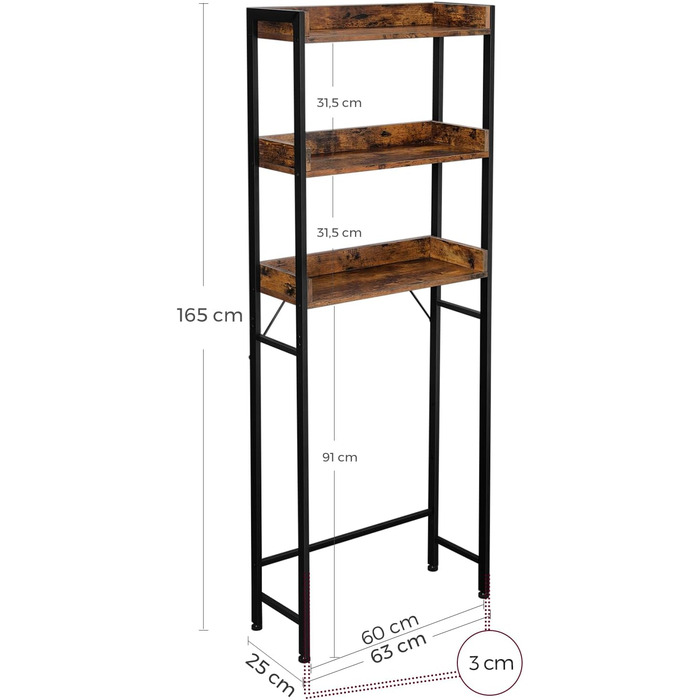 Полиця для унітазу, 3 яруси, полиця для ванної кімнати, компактна, легко збирається, для пральні, індустріальний стиль, сільський коричневий та чорний, BTS002B01 Рустикальний коричневий чорний