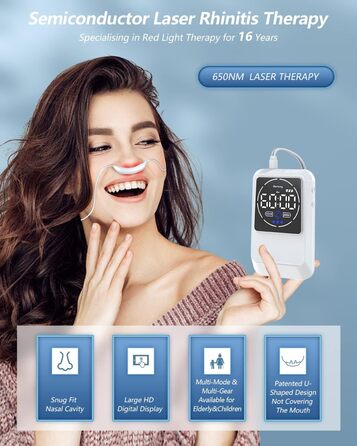 Прилад для лікування риніту з червоною лампою KTS, лазерне лікування для полегшення алергії при алергічному риніті, відновлення слизової оболонки носа, хропіння, закладеності носа, свербіння в носі, синуситу, застуди