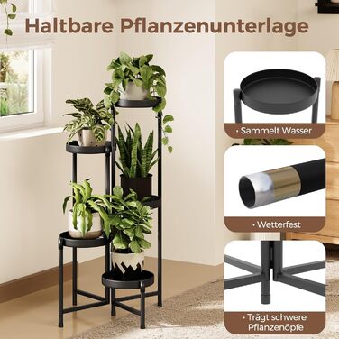 Металева підставка для квітів Bamworld, 5 ярусів, сучасна полиця для рослин для використання в приміщенні та на вулиці, міцна підставка для рослин з кількома полицями, компактний квітковий табурет для вітальні, балкона, саду, чорний - 5 шт. у упаковці