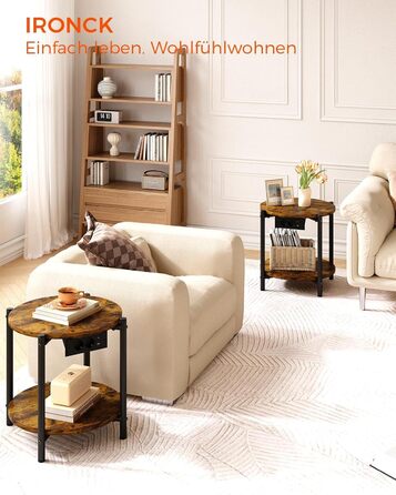 Круглий тумбовий набір з 2 шт. , бічний столик з розеткою, порт USB-C, маленький столик з дерева та металу, журнальний столик для дивана, стіл для вітальні, 2 полиці для спальні (вінтажний коричневий, 2 шт.)