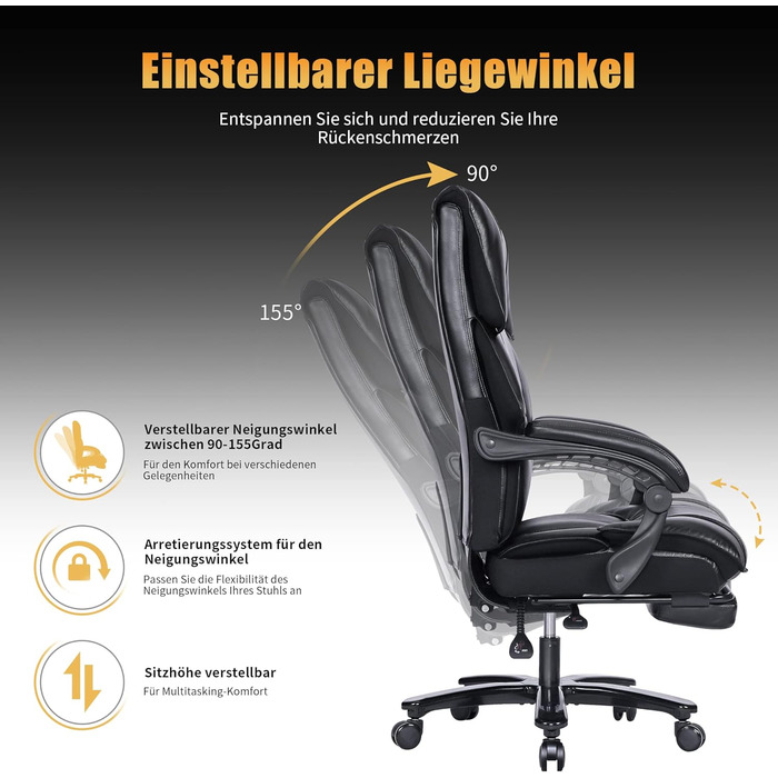 Ергономічне офісне крісло, вантажопідйомність 180 кг, робоче крісло з підставкою для ніг, обертове крісло зі штучної шкіри, комп&39ютерне крісло з підставкою для ніг для домашнього офісу та офісу, насичено-чорне з підставкою для ніг
