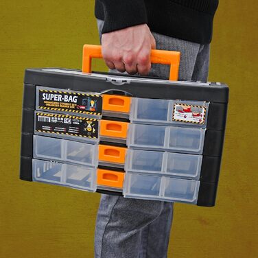 Кейс для інструментів, органайзер для дрібних деталей, 4 шухляди, 390x190x215 мм, ящик для сортування, 21 регульоване внутрішнє відділення, ящик для асортименту, що штабелюється, ящик для інструментів, ящик для зберігання, магазин для дрібних деталей, маг