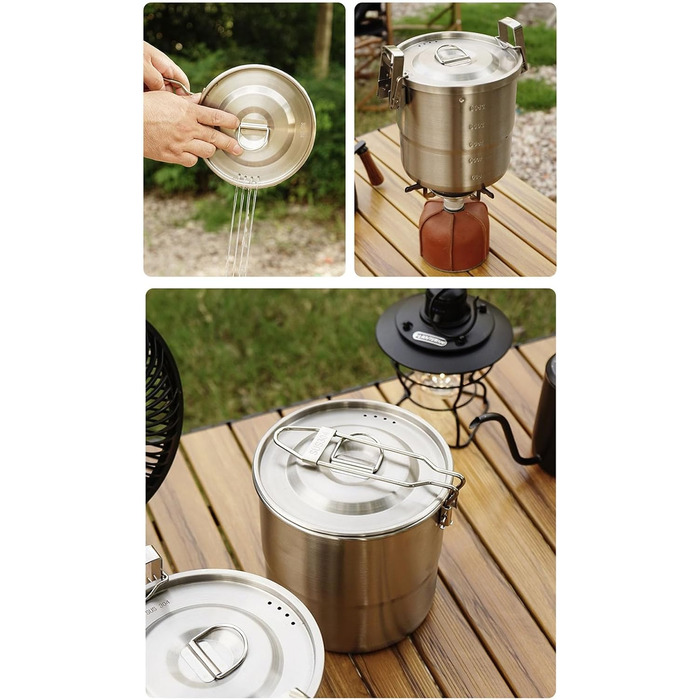 Міцний кемпінговий посуд з нержавіючої сталі, портативні каструлі для приготування їжі на відкритому повітрі з петлею для підвішування для походів та подорожей з рюкзаком, кемпінговий посуд з надійною петлею для підвішування.