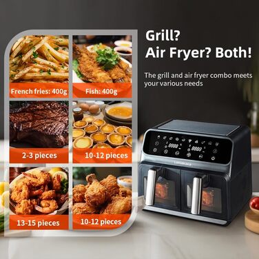 Двокамерна фритюрниця Lellaluka, фритюрниця, 2-камерна фритюрниця 8 л, яка може готувати одночасно з видимим вікном, сенсорним екраном і функцією зневоднення