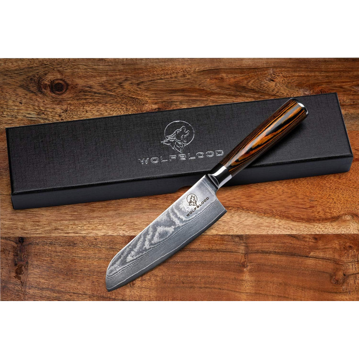 Ніж з дамаської сталі Вовча кров Сантоку L (24 см) Професійний кухарський ніж з натуральної 67-шарової дамаської сталі I Дамаський