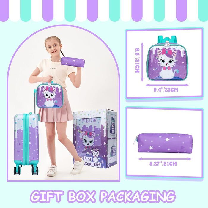 Дитячий набір валіз та рюкзака Кішечка (5 предметів) - валіза-каталка, ручна поклажа, дорожній набір, твердий корпус для дівчаток