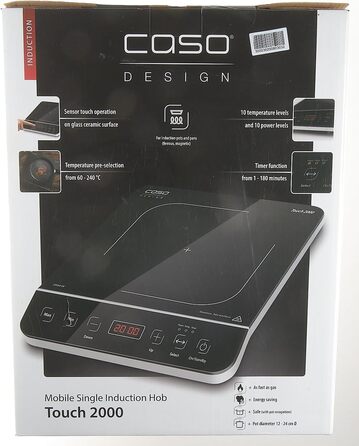 Одна індукційна варильна поверхня, 2000 Вт, автоматичне визначення горщика, 10 рівнів температури, 10 рівнів потужності, таймер до 180 хв, склокерамічна поверхня, температура приблизно 60 240 C Одинарна індукція Чорний, Сріблястий, 2000 -