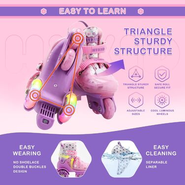 Дитячі роликові ковзани, 4 регульовані розміри, стабільна та безпечна 3-точкова конструкція, роликові ковзани для дівчаток для початківців з дихаючим верхом, легкі та з цікавим квітковим дизайном, розмір S 28-32 EU