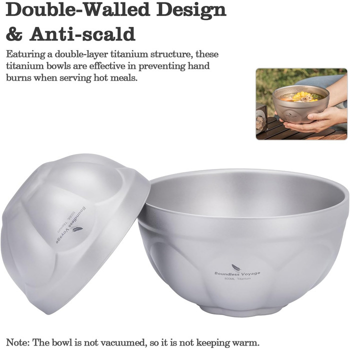 Титанова салатниця з подвійними стінками Boundless Voyage, металева миска для кемпінгу на свіжому повітрі, надлегка портативна миска для вівсянки, рису, супу, йогурту (Ti1173T)