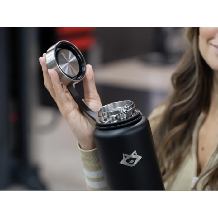 Пляшка для води з нержавіючої сталі 1 л аксесуари для чаю - термос, ситечко для чаю, заварювач для фруктів, спортивна кришка, насадка-трубочка (подарунковий набір чорного кольору)