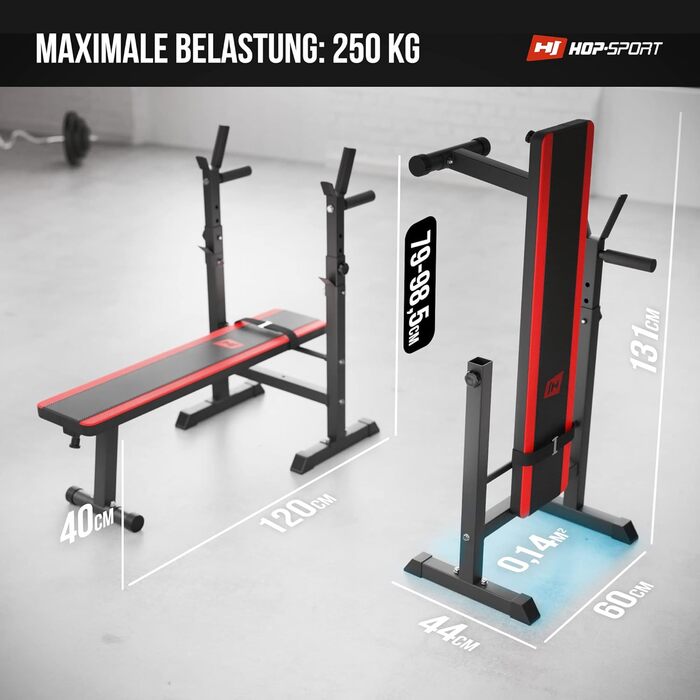 Набір гантелей Hop-Sport від 39 кг до 99 кг - Складана лава з гантелями, регульована стійка для штанги, тренувальна лава для жиму лежачи, стабільна фітнес-лава, максимальне навантаження 270 кг / 69 кг штанга