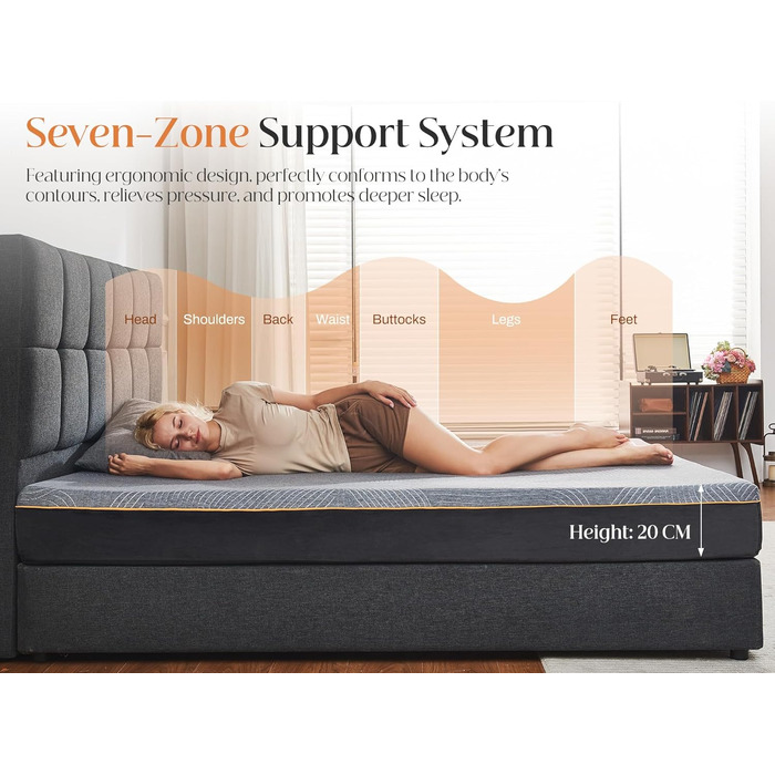 Зонний матрац з холодної піни, 90 x 200 см, матрац з гелевої піни з ефектом пам&39яті, середньої жорсткості (H3), суперм&39який, висота 20 см, сертифікований Oeko-TEX 100, дихаючий матрац, що згортається, чорний, 90 x 200 см, 7-