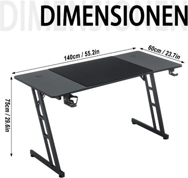 Ігровий стіл AufuN 140 x 60 см, Ігровий стіл зі світлодіодним підсвічуванням, гачком для навушників та тримачем для чашки, Міцний комп&39ютерний робочий стіл, Ігровий стіл для ПК (Тип B без світлодіодів) 140 x 60 см Тип B без світлодіодів