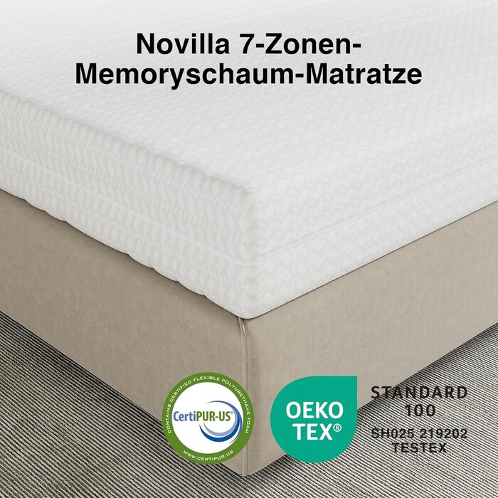 Матрац Novilla H3/H4 7-зонний матрац з холодної піни 140x200 Різні розміри та висота Дихаючий чохол, який можна прати при 60C Сертифіковано Oeko-Tex та CertiPUR-US Згортається матрац 18 см x 18 см 140 x 200 см