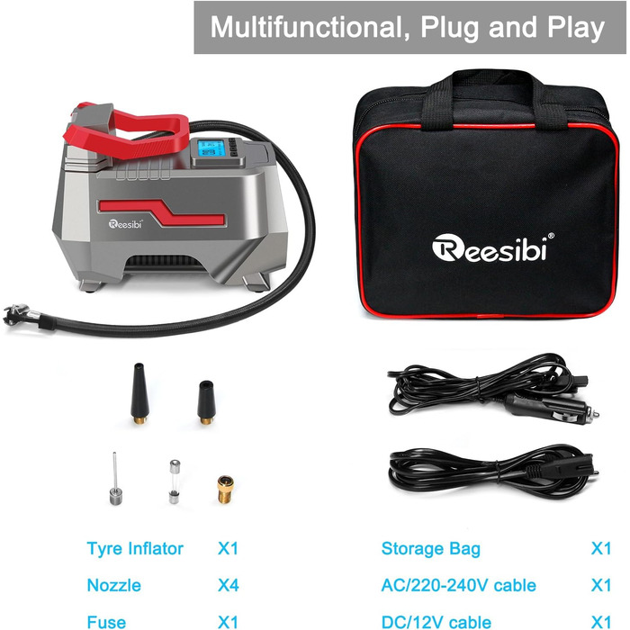 Автомобільна шина Reesibi Compressor 230V 12V з подвійними джерелами живлення, насос високого тиску до 10,3 бар і насос низького тиску до 300 л/хв 2-в-1, портативний електричний повітряний насос із набором адаптерів цифрового дисплея (червоний)