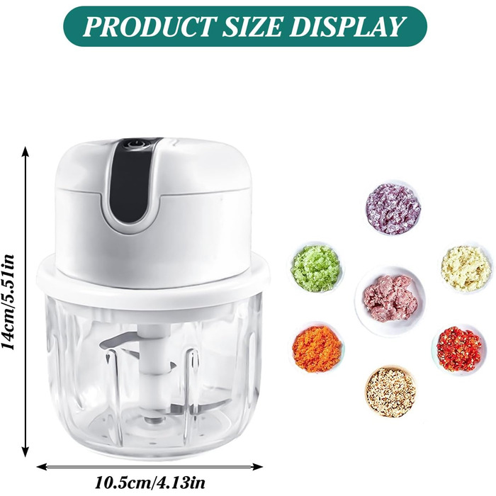Подрібнювач кухонний електричний, міні-цибулева нарізка 250 мл з USB-портом, акумуляторна батарея для подрібнювача цибулі та лезо з нержавіючої сталі для подрібнення, нарізання та подрібнення (білий)