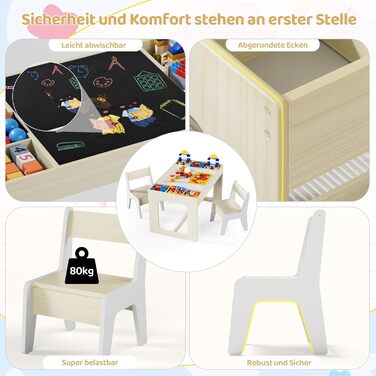 Дитячий комплект сидіння MAMIZO з місцем для зберігання, дитячий стіл з 2 стільцями, комплект дитячого столу та стільців з двосторонньою стільницею, дитячий стіл для дитячих кімнат та дитячих садків, вік 3, колір дерева з білим