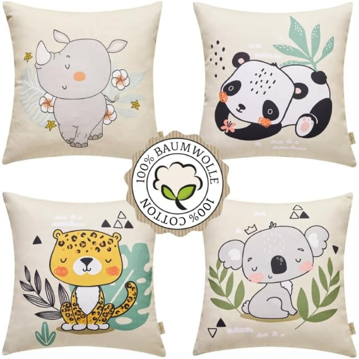 Високоякісна бавовна Дитячі наволочки 40х40 (набір 4) Чарівні тваринні мотиви Носоріг Леопард Панда Коала Німецька якість Стильне