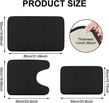 Комплект килимків для ванної кімнати з 3 предметів з піни з ефектом пам&39яті нековзні, миючі килимки для ванни, душу та туалету розкішний комфорт та сучасний дизайн (чорний)
