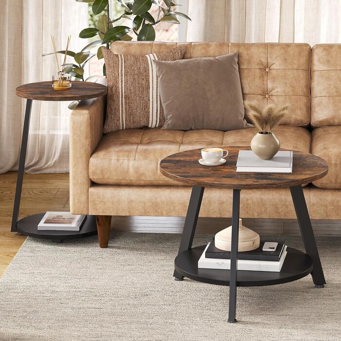 Комплект із 2 круглих журнальних столиків, столи для вітальні з місцем для зберігання, штабелювані приставні столики з дерев&39яною стільницею та металевим каркасом, С-подібні приставні столики, журнальні столики для вітальні, рустикальний коричневий