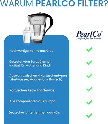 Фільтр для води GLASS PearlCo (чорний) з 1 класичним фільтруючим картриджем Protect (для жорсткої води) - Виготовлено в ЄС Чорний картридж жорсткої води