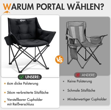 Крісло для кемпінгу Portal, складне, суперм&39яке, вантажопідйомність 150 кг, складне рибальське крісло XXL, товсто оббите з підлокітниками, м&39яке вуличне крісло, чорне