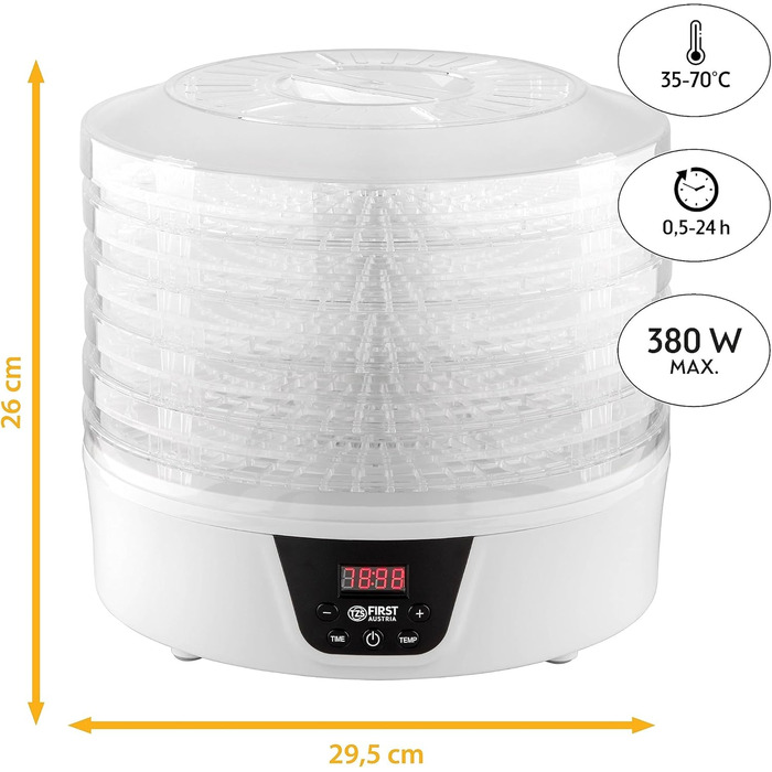 Дегідратор TZS First Austria Дегідратор для фруктів, трав, грибів і м'яса цифровий з таймером і регулятором температури 35-70C 5 рівнів, полиці з інкрустацією без бісфенолу А, дегідратор з таймером