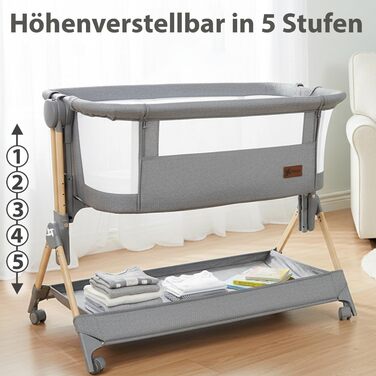 Приліжкове ліжечко Baby Comfortly з колесами Складане та регульоване по висоті (5 рівнів), дихаюче, підходить від 0 місяців до 9 кг, в комплекті матрац, простирадло та сумка не потрібно збирати (колір дерева)