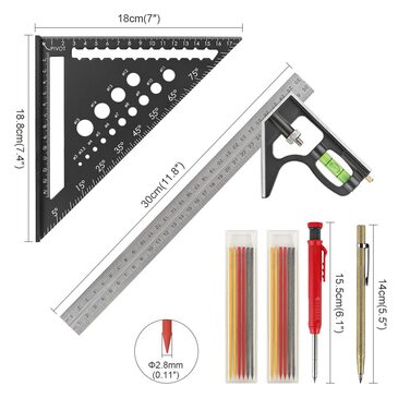 Кутник комбінований 300 мм, кутник столярний 180 мм, набір столярних олівців олівець12 грифелівголка для розмітки - багатофункціональний набір трикутних лінійок столярних для вимірювання та розмітки