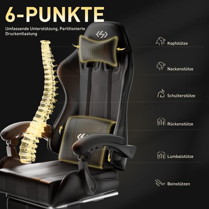 Ігрове крісло, Ергономічне ігрове крісло з пружинними подушками Pocket Spring, Гоночне ігрове крісло з підставкою для ніг, Поперекова підтримка, Регульоване офісне крісло, вантажопідйомність 150 кг, Комп&39ютерне крісло чорного кольору