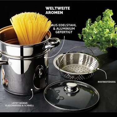 Каструля для пасти KitchenCraft World of Flavours з дуршлагом та паровою корзиною для овочів у подарунковій коробці, нержавіюча сталь, під індукцію, 4 л
