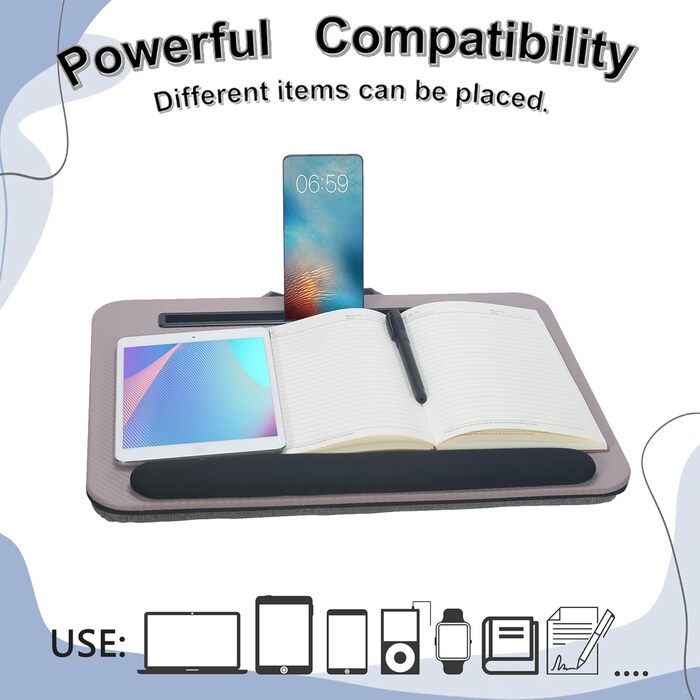 Стіл для ноутбука портативний, до 16 дюймів, з підставкою для планшета, вбудованою подушкою та підтримкою зап'ясть, ідеальний для дому та офісу, сіро-ліловий колір