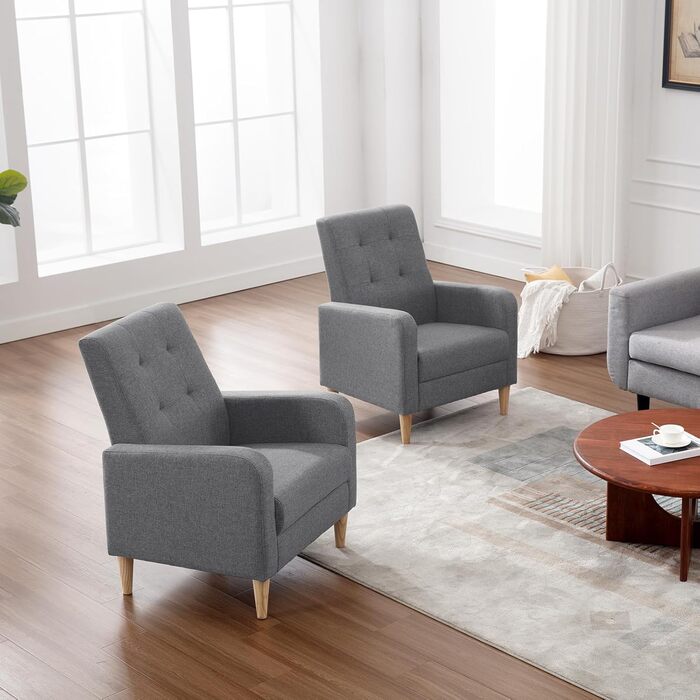 Крісло-підлокітник WOLTU з підлокітниками, ніжки з масиву дерева, підходить для вітальні, спальні або балкону, сучасне, лляний чохол, темно-сірий