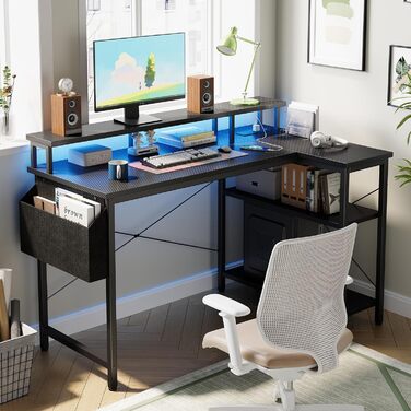 Г-подібний стіл Grandder зі світлодіодним освітленням та розетками, ігровий стіл 120 см з 2 полицями, комп&39ютерний стіл з підставкою для монітора, робоча станція для домашнього офісу, карбоново-чорний колір 120 x 70 см, чорний колір, імітація карбону