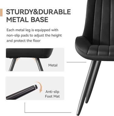 Сучасний м&39який обідній стілець - Надзвичайно товста подушка сидіння, обідні стільці зі штучної тканини, кухонні стільці, м&39які стільці, стільці для вітальні, крісла зі спинкою, металеві ніжки (Чорний, Комплект з 2 шт.) Комплект з 2 чорних