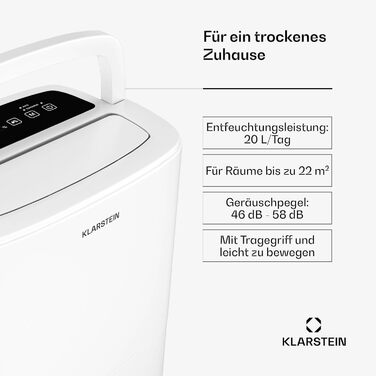 Осушувач повітря Klarstein DryFy 20 л - 400 Вт, 20 л/день, резервуар 5 л, тихий на 46 дБ, автоматичне обертання, таймер, режим суш