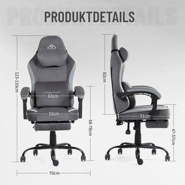 Ергономічне ігрове крісло PixelPilot Дихаюча тканина Крісло з підставкою для ніг, підголівником та поперековою опорою, ігрове ПК-крісло Широке сидіння Офісне крісло вантажопідйомністю 150 кг (Nebula, чисто сірий) Чисто сірий Nebula