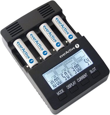 Зарядний пристрій everActive для 4 батарейок типу AAA, професійний та швидкий, РК-дисплей, тест ємності, тест внутрішнього опору, модель NC-3000