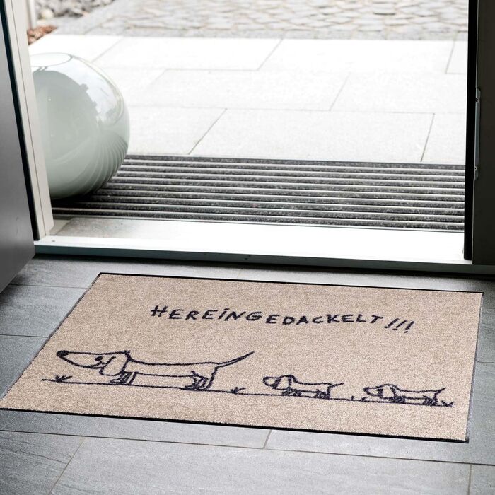 Килимок для дверей Salonloewe, що миється, 50x75 см, Hereingedackelt Family Beige, з мотивом сімейної такси, брудозбірний килимок, килимок для очищення, килимок для дверей для собак 50 x 75 см (прямокутний), бежевий