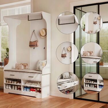 Вішалка для одягу з лавкою для взуття та дзеркалом, сучасна вішалка для одягу з гачками та підставкою для одягу, шафа для передпокою з функцією взуттєвої шафи та 2 шухлядами для вітальні (104x35x180 см)