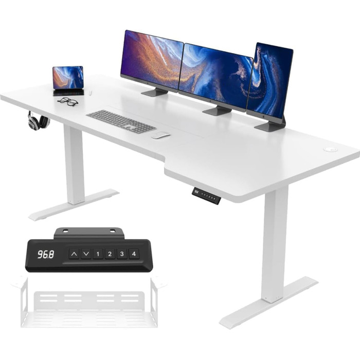 Стіл з регульованою висотою, білий, 180 x 85 см, L-подібний стіл, регульована висотою, електричний, ергономічний ігровий стіл з гачками (білий)